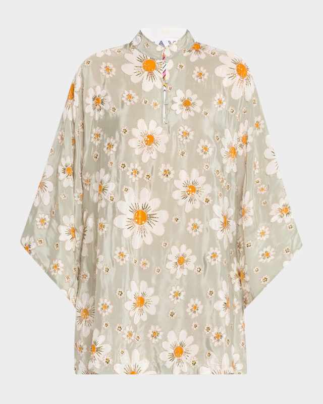 Embroidered Floral-Print Mini Caftan